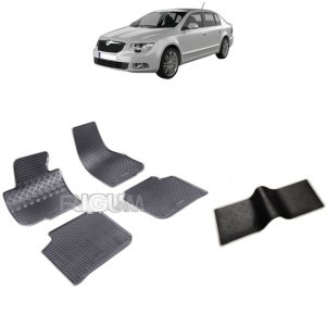 Set 5 covorase auto SKODA SUPERB II din 06.2008 - 04.2015, cu covoras tunel median, Caroserie SEDAN