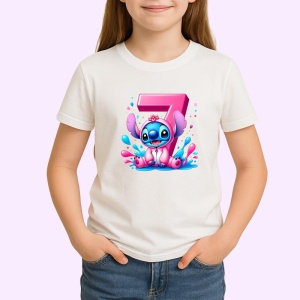 Tricou Alfabet Cifra 7 cu Stitch Roz fericit, explozie de culori, Alb, Unisex Dama si Barbat | Copii - Img 1