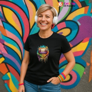 Tricou Music On Cassette Stil Colorat, Copii | Dama | Barbat, culoare negru - Img 1