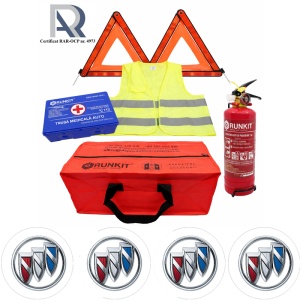 Kit Trusa siguranta rutiera auto, Omologat R.A.R, Valabilitate 5 ani, 1x Stingator cu manometru 1kg P1, 1x Trusa Medicala, 2x Triunghiuri,1x Geanta depozitare rosie, 4x Stickere auto Buick