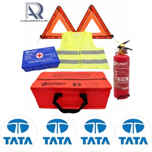 Kit Trusa siguranta rutiera auto, Omologat R.A.R, Valabilitate 5 ani, 1x Stingator cu manometru 1kg P1, 1x Trusa Medicala, 2x Triunghiuri,1x Geanta depozitare rosie, 4x Stickere auto Tata