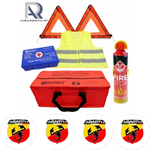 Kit Trusa siguranta rutiera auto, Omologat R.A.R, Valabilitate 5 ani, 1x Extinctor tip spray, 1x Trusa Medicala, 2x Triunghiuri,1x Geanta depozitare rosie, 4x Stickere auto Abarth