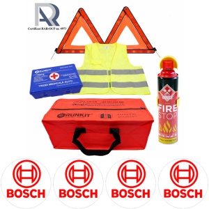Kit Trusa siguranta rutiera auto, Omologat R.A.R, Valabilitate 5 ani, 1x Extinctor tip spray, 1x Trusa Medicala, 2x Triunghiuri,1x Geanta depozitare rosie, 4x Stickere auto Bosch
