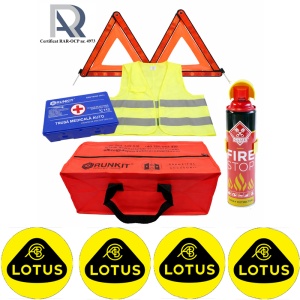 Kit Trusa siguranta rutiera auto, Omologat R.A.R, Valabilitate 5 ani, 1x Extinctor tip spray, 1x Trusa Medicala, 2x Triunghiuri,1x Geanta depozitare rosie, 4x Stickere auto Lotus