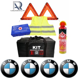 Kit Trusa siguranta rutiera auto, Omologat R.A.R, Valabilitate 5 ani, 1x Extinctor tip spray, 1x Trusa Medicala, 2x Triunghiuri,1x Geanta depozitare neagra, 4x Stickere auto Bmw