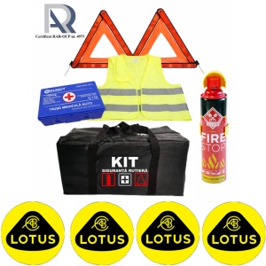 Kit Trusa siguranta rutiera auto, Omologat R.A.R, Valabilitate 5 ani, 1x Extinctor tip spray, 1x Trusa Medicala, 2x Triunghiuri,1x Geanta depozitare neagra, 4x Stickere auto Lotus