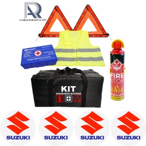 Kit Trusa siguranta rutiera auto, Omologat R.A.R, Valabilitate 5 ani, 1x Extinctor tip spray, 1x Trusa Medicala, 2x Triunghiuri,1x Geanta depozitare neagra, 4x Stickere auto Suzuki