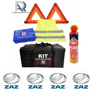 Kit Trusa siguranta rutiera auto, Omologat R.A.R, Valabilitate 5 ani, 1x Extinctor tip spray, 1x Trusa Medicala, 2x Triunghiuri,1x Geanta depozitare neagra, 4x Stickere auto Zaz