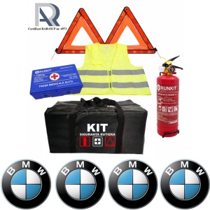 Kit Trusa siguranta rutiera auto, Omologat R.A.R, Valabilitate 5 ani, 1x Stingator cu manometru 1kg P1, 1x Trusa Medicala, 2x Triunghiuri,1x Geanta depozitare neagra, 4x Stickere auto Bmw