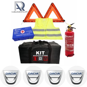 Kit Trusa siguranta rutiera auto, Omologat R.A.R, Valabilitate 5 ani, 1x Stingator cu manometru 1kg P1, 1x Trusa Medicala, 2x Triunghiuri,1x Geanta depozitare neagra, 4x Stickere auto Dacia