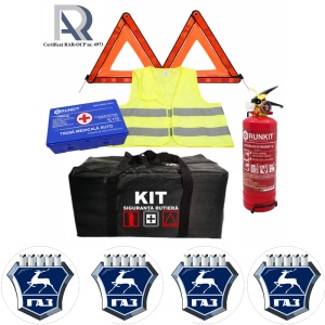 Kit Trusa siguranta rutiera auto, Omologat R.A.R, Valabilitate 5 ani, 1x Stingator cu manometru 1kg P1, 1x Trusa Medicala, 2x Triunghiuri,1x Geanta depozitare neagra, 4x Stickere auto Gaz
