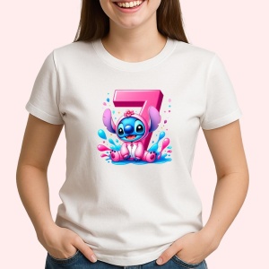 Tricou Alfabet Cifra 7 cu Stitch Roz fericit, explozie de culori, Alb, Unisex Dama si Barbat | Copii - Img 2