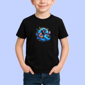 Tricou Alfabet Litera Q cu Lilo si Stitch albastru, veselie mare, Mare, Negru, Unisex Dama si Barbat | Copii - Img 1