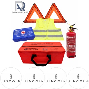Kit Trusa siguranta rutiera auto, Omologat R.A.R, Valabilitate 5 ani, 1x Stingator cu manometru 1kg P1, 1x Trusa Medicala, 2x Triunghiuri,1x Geanta depozitare rosie, 4x Stickere auto Lincoln