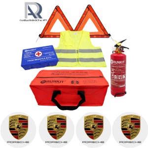 Kit Trusa siguranta rutiera auto, Omologat R.A.R, Valabilitate 5 ani, 1x Stingator cu manometru 1kg P1, 1x Trusa Medicala, 2x Triunghiuri,1x Geanta depozitare rosie, 4x Stickere auto Porsche