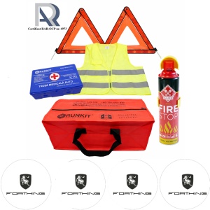 Kit Trusa siguranta rutiera auto, Omologat R.A.R, Valabilitate 5 ani, 1x Extinctor tip spray, 1x Trusa Medicala, 2x Triunghiuri,1x Geanta depozitare rosie, 4x Stickere auto Forthing
