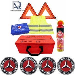 Kit Trusa siguranta rutiera auto, Omologat R.A.R, Valabilitate 5 ani, 1x Extinctor tip spray, 1x Trusa Medicala, 2x Triunghiuri,1x Geanta depozitare rosie, 4x Stickere auto Mercedes-Benz