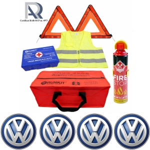 Kit Trusa siguranta rutiera auto, Omologat R.A.R, Valabilitate 5 ani, 1x Extinctor tip spray, 1x Trusa Medicala, 2x Triunghiuri,1x Geanta depozitare rosie, 4x Stickere auto VOLKSWAGEN
