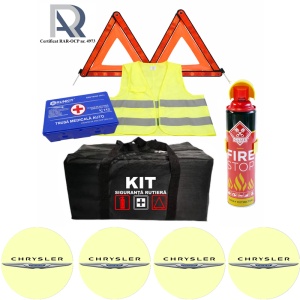 Kit Trusa siguranta rutiera auto, Omologat R.A.R, Valabilitate 5 ani, 1x Extinctor tip spray, 1x Trusa Medicala, 2x Triunghiuri,1x Geanta depozitare neagra, 4x Stickere auto Chrysler
