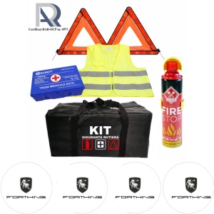 Kit Trusa siguranta rutiera auto, Omologat R.A.R, Valabilitate 5 ani, 1x Extinctor tip spray, 1x Trusa Medicala, 2x Triunghiuri,1x Geanta depozitare neagra, 4x Stickere auto Forthing