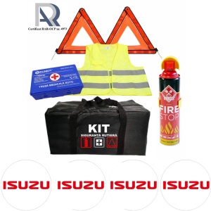 Kit Trusa siguranta rutiera auto, Omologat R.A.R, Valabilitate 5 ani, 1x Extinctor tip spray, 1x Trusa Medicala, 2x Triunghiuri,1x Geanta depozitare neagra, 4x Stickere auto Isuzu