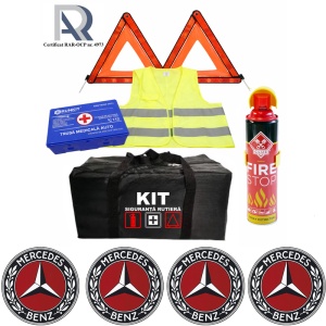 Kit Trusa siguranta rutiera auto, Omologat R.A.R, Valabilitate 5 ani, 1x Extinctor tip spray, 1x Trusa Medicala, 2x Triunghiuri,1x Geanta depozitare neagra, 4x Stickere auto Mercedes-Benz