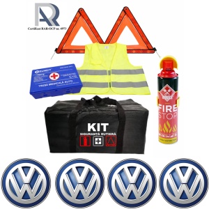 Kit Trusa siguranta rutiera auto, Omologat R.A.R, Valabilitate 5 ani, 1x Extinctor tip spray, 1x Trusa Medicala, 2x Triunghiuri,1x Geanta depozitare neagra, 4x Stickere auto VOLKSWAGEN