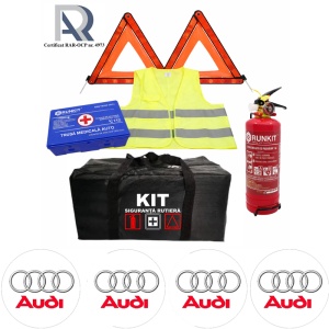 Kit Trusa siguranta rutiera auto, Omologat R.A.R, Valabilitate 5 ani, 1x Stingator cu manometru 1kg P1, 1x Trusa Medicala, 2x Triunghiuri,1x Geanta depozitare neagra, 4x Stickere auto Audi