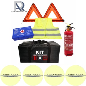Kit Trusa siguranta rutiera auto, Omologat R.A.R, Valabilitate 5 ani, 1x Stingator cu manometru 1kg P1, 1x Trusa Medicala, 2x Triunghiuri,1x Geanta depozitare neagra, 4x Stickere auto Chrysler