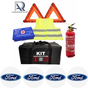 Kit Trusa siguranta rutiera auto, Omologat R.A.R, Valabilitate 5 ani, 1x Stingator cu manometru 1kg P1, 1x Trusa Medicala, 2x Triunghiuri,1x Geanta depozitare neagra, 4x Stickere auto Ford
