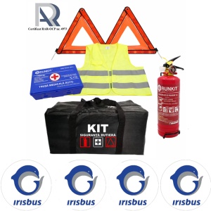 Kit Trusa siguranta rutiera auto, Omologat R.A.R, Valabilitate 5 ani, 1x Stingator cu manometru 1kg P1, 1x Trusa Medicala, 2x Triunghiuri,1x Geanta depozitare neagra, 4x Stickere auto Irisbus