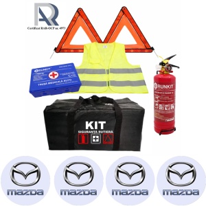 Kit Trusa siguranta rutiera auto, Omologat R.A.R, Valabilitate 5 ani, 1x Stingator cu manometru 1kg P1, 1x Trusa Medicala, 2x Triunghiuri,1x Geanta depozitare neagra, 4x Stickere auto Mazda