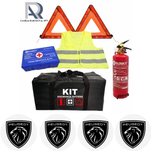 Kit Trusa siguranta rutiera auto, Omologat R.A.R, Valabilitate 5 ani, 1x Stingator cu manometru 1kg P1, 1x Trusa Medicala, 2x Triunghiuri,1x Geanta depozitare neagra, 4x Stickere auto Peugeot