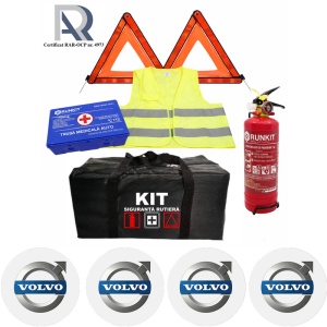 Kit Trusa siguranta rutiera auto, Omologat R.A.R, Valabilitate 5 ani, 1x Stingator cu manometru 1kg P1, 1x Trusa Medicala, 2x Triunghiuri,1x Geanta depozitare neagra, 4x Stickere auto Volvo
