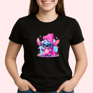 Tricou Alfabet Cifra 1 cu Lilo si Stitch albastru, veselie mare, Negru, Unisex Dama si Barbat | Copii - Img 2