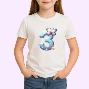 Tricou Alfabet Cifra 3 cu fluturi colorati, stele aurii, flori colorate, Alb, Unisex Dama si Barbat | Copii - Img 1