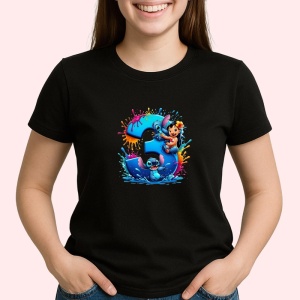 Tricou Alfabet Cifra 3 cu Lilo si Stitch albastru, veselie mare, Negru, Unisex Dama si Barbat | Copii - Img 1