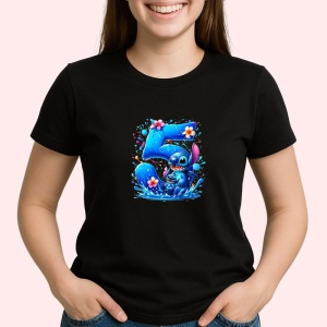 Tricou Alfabet Cifra 5 cu Lilo si Stitch albastru, veselie mare, Negru, Unisex Dama si Barbat | Copii - Img 1