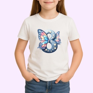 Tricou Alfabet Cifra 8 cu fluturi colorati, stele aurii, flori colorate, Alb, Unisex Dama si Barbat | Copii - Img 1