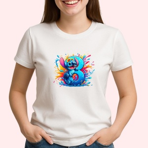 Tricou Alfabet Cifra 8 cu fluturi colorati, stele aurii, flori colorate, Alb, Unisex Dama si Barbat | Copii - Img 3
