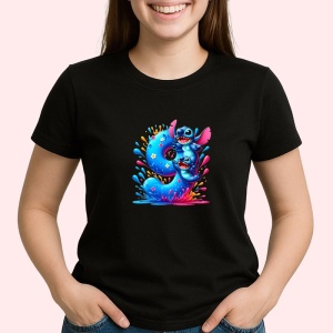 Tricou Alfabet CIfra 9 cu Lilo si Stitch albastru, veselie mare, Negru, Unisex Dama si Barbat | Copii - Img 1