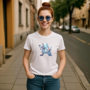 Tricou Alfabet Litera A cu fluturi colorati, stele aurii, flori colorate, Alb, Unisex Dama si Barbat | Copii - Img 3