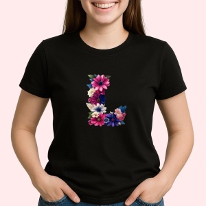 Tricou Alfabet Litera L cu flori, margarete, flori colorate, Negru, Unisex Dama si Barbat | Copii - Img 2