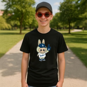 Tricou Labubu yankees albastru, Unisex Dama si Barbat | Copii, Culoare Negru - Img 4