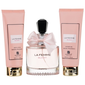 Cadou La Femme Bloom Apa de Parfum 100ml + Gel De Dus 100ml + Lotiune de corp 100ml, Riiffs Parfum arabesc - Img 1