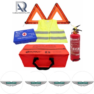 Kit Trusa siguranta rutiera auto, Omologat R.A.R, Valabilitate 5 ani, 1x Stingator cu manometru 1kg P1, 1x Trusa Medicala, 2x Triunghiuri,1x Geanta depozitare rosie, 4x Stickere auto Aston Martin