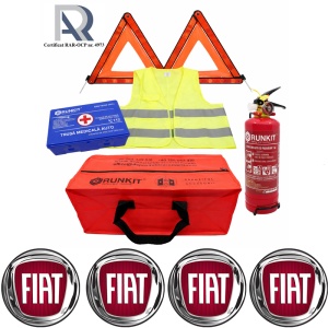 Kit Trusa siguranta rutiera auto, Omologat R.A.R, Valabilitate 5 ani, 1x Stingator cu manometru 1kg P1, 1x Trusa Medicala, 2x Triunghiuri,1x Geanta depozitare rosie, 4x Stickere auto Fiat