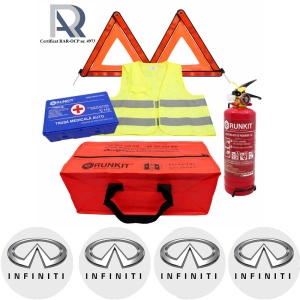 Kit Trusa siguranta rutiera auto, Omologat R.A.R, Valabilitate 5 ani, 1x Stingator cu manometru 1kg P1, 1x Trusa Medicala, 2x Triunghiuri,1x Geanta depozitare rosie, 4x Stickere auto Infiniti