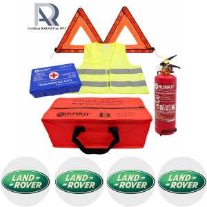 Kit Trusa siguranta rutiera auto, Omologat R.A.R, Valabilitate 5 ani, 1x Stingator cu manometru 1kg P1, 1x Trusa Medicala, 2x Triunghiuri,1x Geanta depozitare rosie, 4x Stickere auto Land Rover