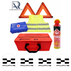 Kit Trusa siguranta rutiera auto, Omologat R.A.R, Valabilitate 5 ani, 1x Extinctor tip spray, 1x Trusa Medicala, 2x Triunghiuri,1x Geanta depozitare rosie, 4x Stickere auto Always